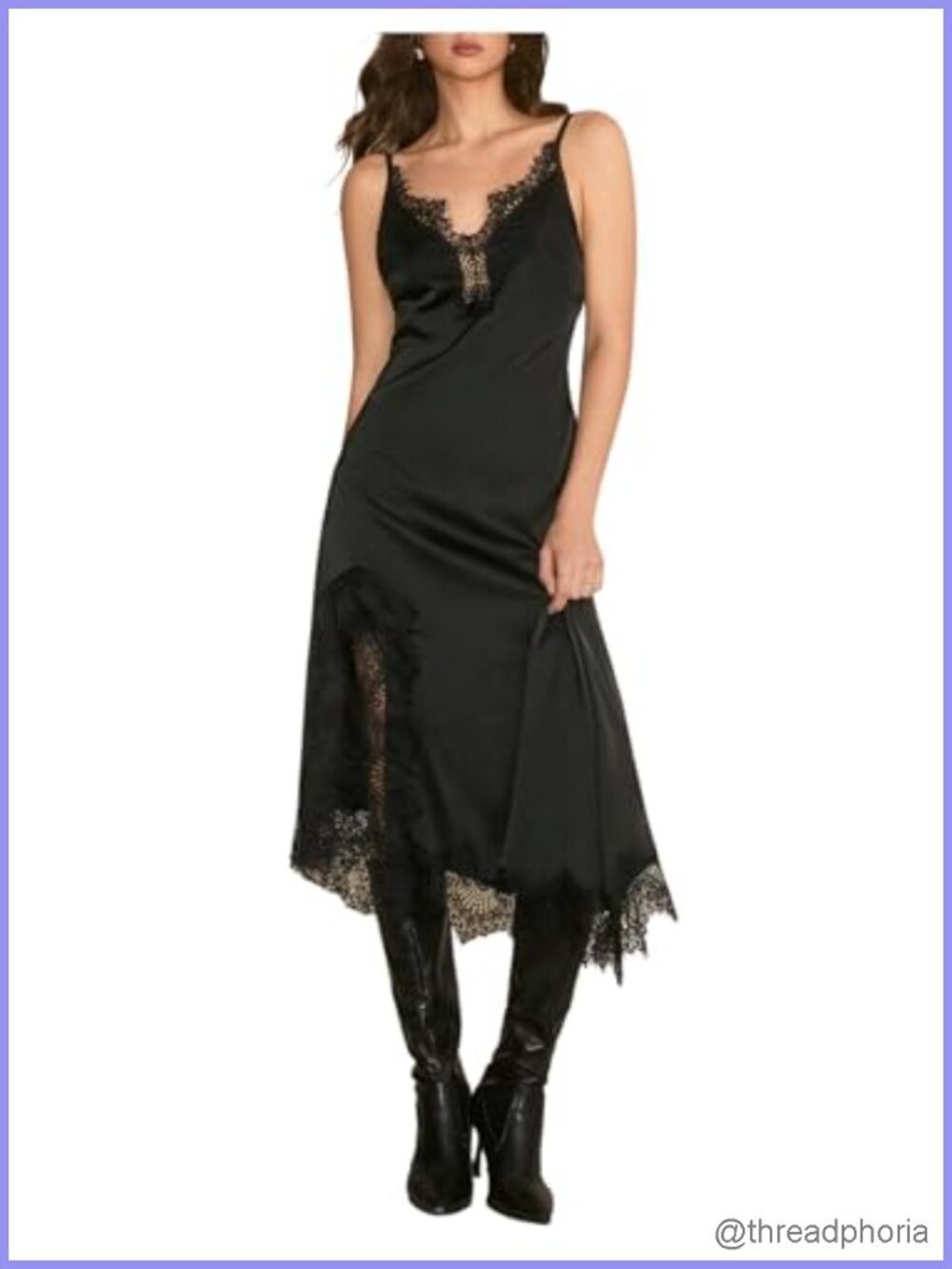 Lace Trim Spaghetti Strap Side Slit Maxi Slip Dress